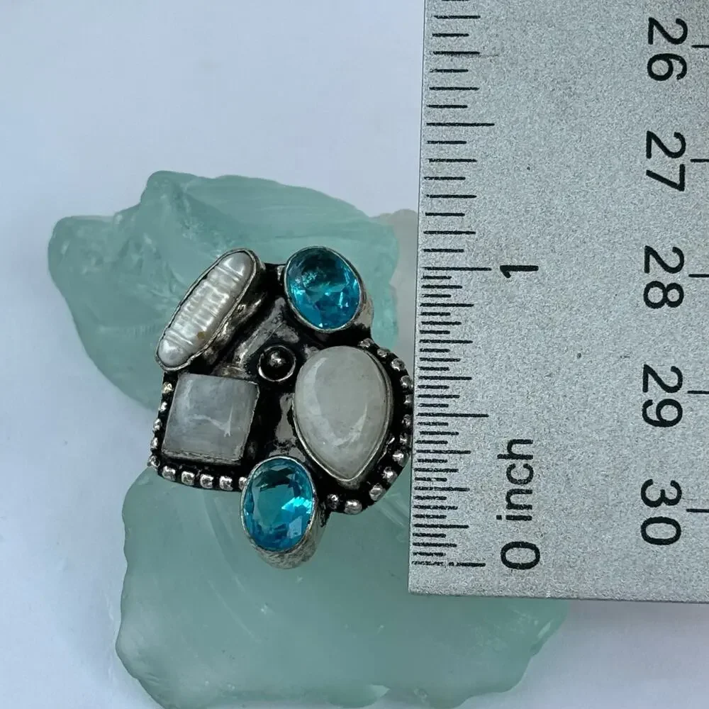 925 Sterling Rainbow Moonstone, Blue Topaz & Biwa Pearl Size 8.5